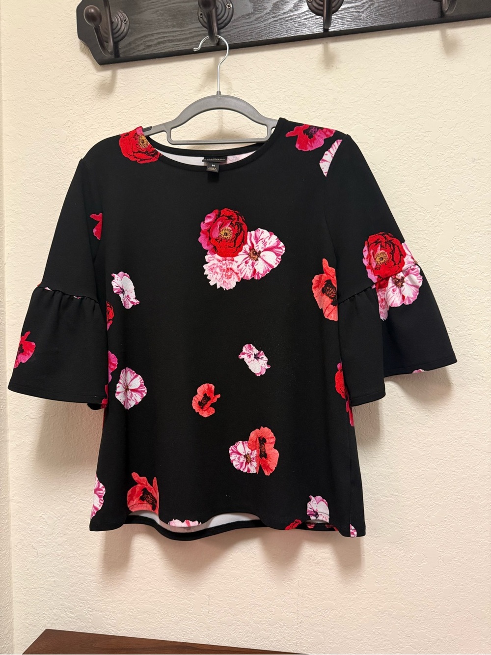 Worthington Black Floral Bell-Sleeve Blouse with Red and Pink Blooms